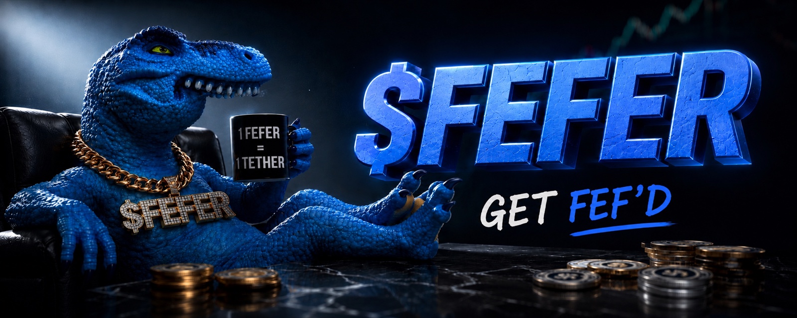 $FEFER — Get Fef'd. A blue dinosaur in a gold $FEFER chain holding a mug that reads 1 FEFER = 1 TETHER.